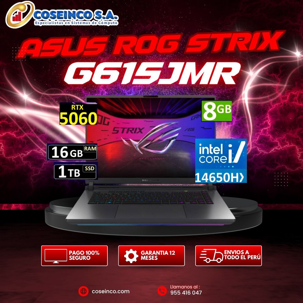 ASUS ROG Strix G16 G615JMR Gaming Laptop, 16&quot; FHD+ IPS 165Hz Display, Intel Core i7-14650HX, 16GB RAM, 1TB SSD, GeForce RTX 5060 8GB, English K/B, Win11, Eclipse Gray / 90NR0LB1-M000M0