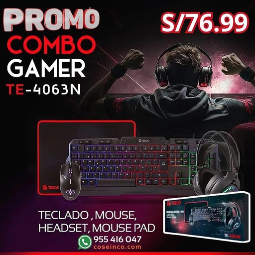 [414034] Kit gamer TEROS TE-4063N, teclado multimedia, mouse, headset, mouse pad / TE4063N