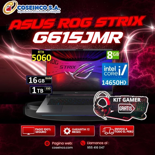 ASUS ROG Strix G16 G615JMR Gaming Laptop, 16&quot; FHD+ IPS 165Hz Display, Intel Core i7-14650HX, 16GB RAM, 1TB SSD, GeForce RTX 5060 8GB, English K/B, Win11, Eclipse Gray / 90NR0LB1-M000M0