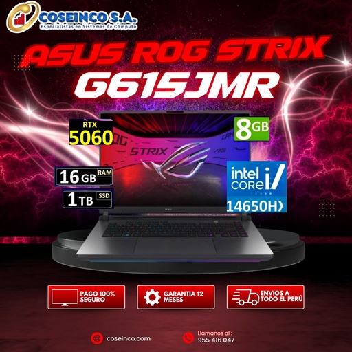 ASUS ROG Strix G16 G615JMR Gaming Laptop, 16" FHD+ IPS 165Hz Display, Intel Core i7-14650HX, 16GB RAM, 1TB SSD, GeForce RTX 5060 8GB, English K/B, Win11, Eclipse Gray / 90NR0LB1-M000M0