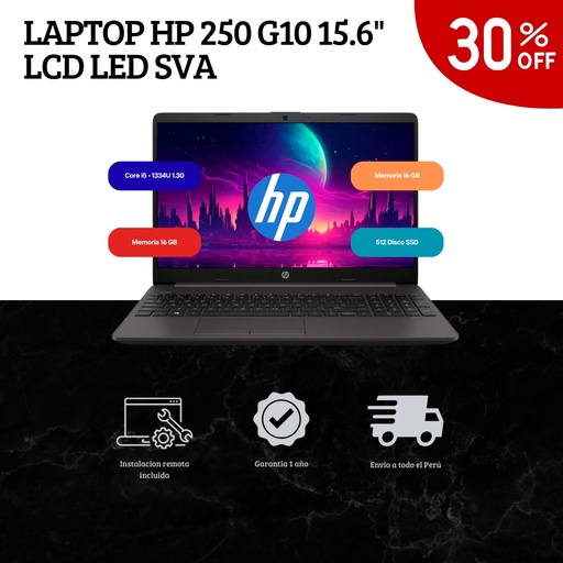 [474303] LAPTOP HP 250 G10 / 15.6&quot; LCD LED HD SVA /CORE i5-1334U 1.30/4.60GHz / Memoria 16 GB DDR4-3200MHz/512 Disco SSD/SISTEMA FREE DOS / B5UW7AT#ABM